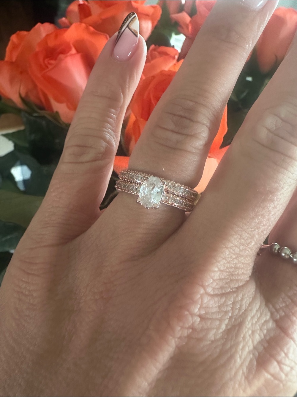 Sterling Silver Oval CZ Engagement Ring Set - Size 7